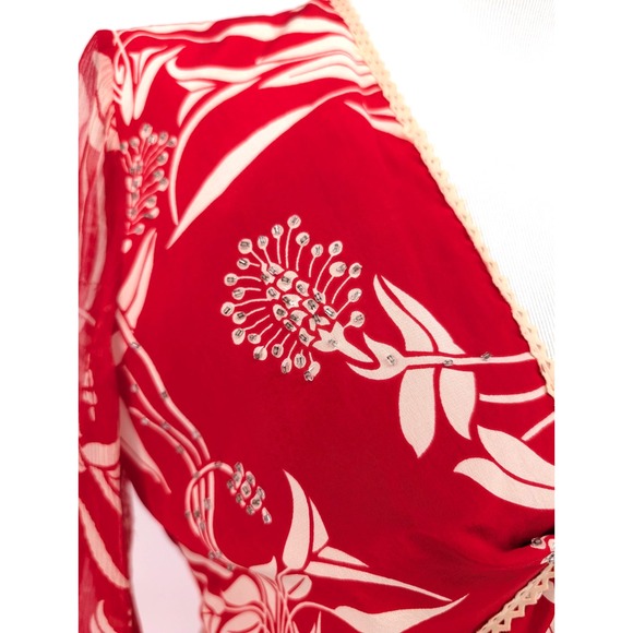 VTG 90s Y2K Red Silk Babydoll Boho Whimsigoth Beaded Bias Cut Chiffon Midi Dress - Picture 12 of 15